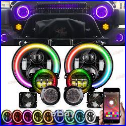 RGB 7 INCH LED Headlight DRL Fog Turn Signal Fender For 07-18 Jeep Wrangler JK
